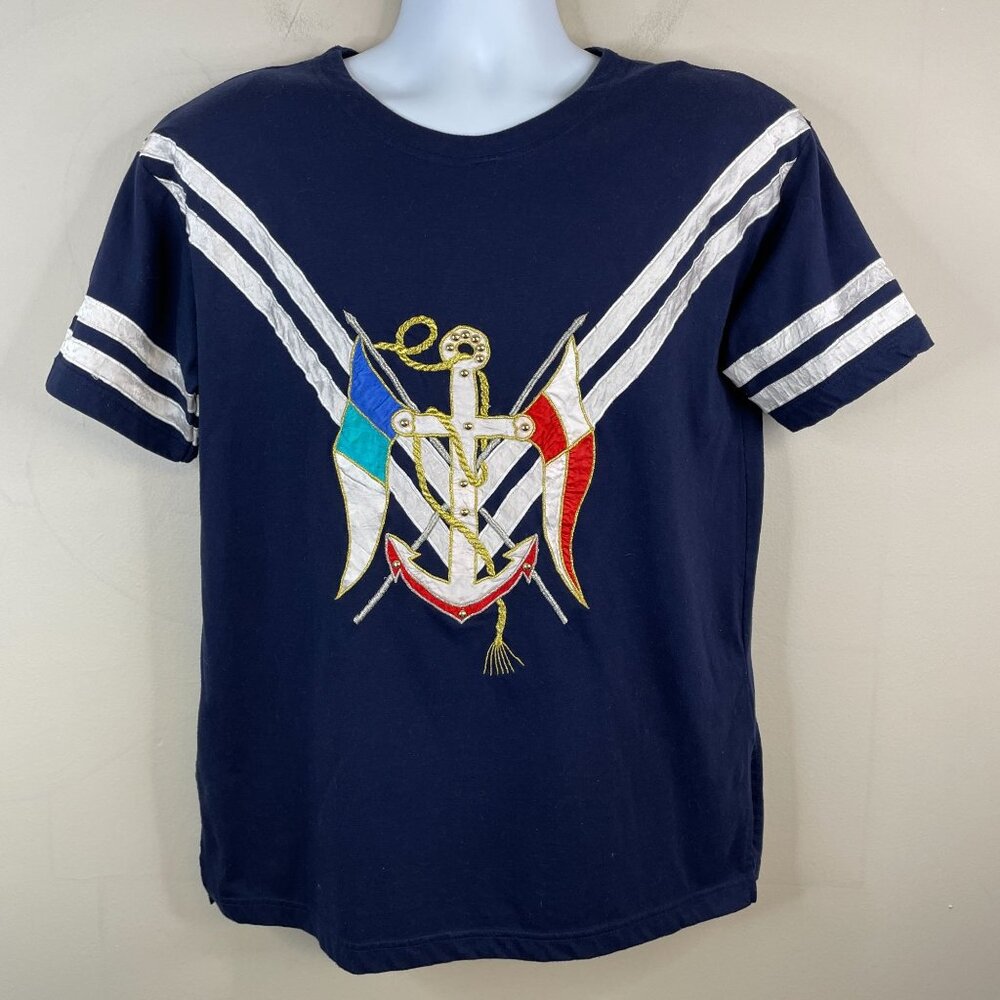 Vintage Nautical Sailor Tunic Top Womens XLarge Embellished Flags Anchor Kitschy
